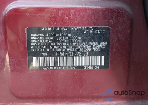 2012 Subaru Impreza 2.0I Premium from USA, damaged, VIN JF1GPAC67CH228279